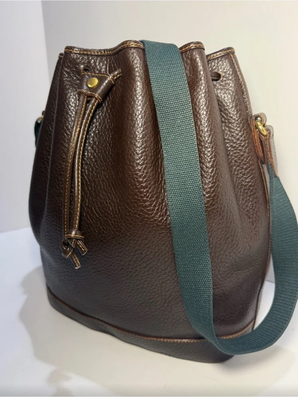 Vintage Bally Pebbled Leather Bucket Bag Drawstring & Hunter Green Canvas Strap